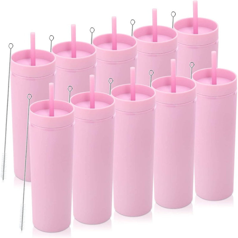 20oz Plastic Skinny Tumblers Bulk 10 Pack, Double Wall Tumbler with Lid and Straw, BPA Matte Acrylic Iced Coffee Cups With Straw, Reusable Travel Cute Mug Party, Pink, 10 Set