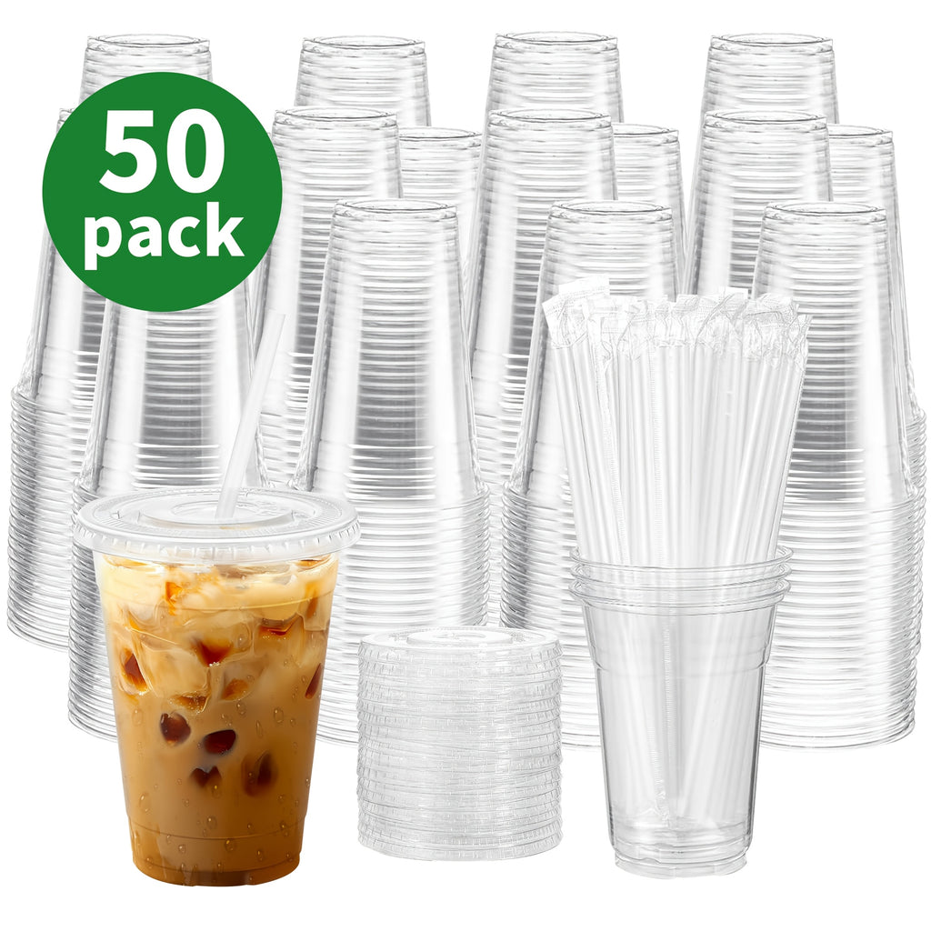 50 Sets 12oz-16oz-20oz-24oz Disposable Plastic Cups with Lids & Straws - Coffee Cold Drink Cups for Holiday Party, Halloween party, Christmas gatheringTravel, Home & Office Use, Disposable Cup, Cups Disposable