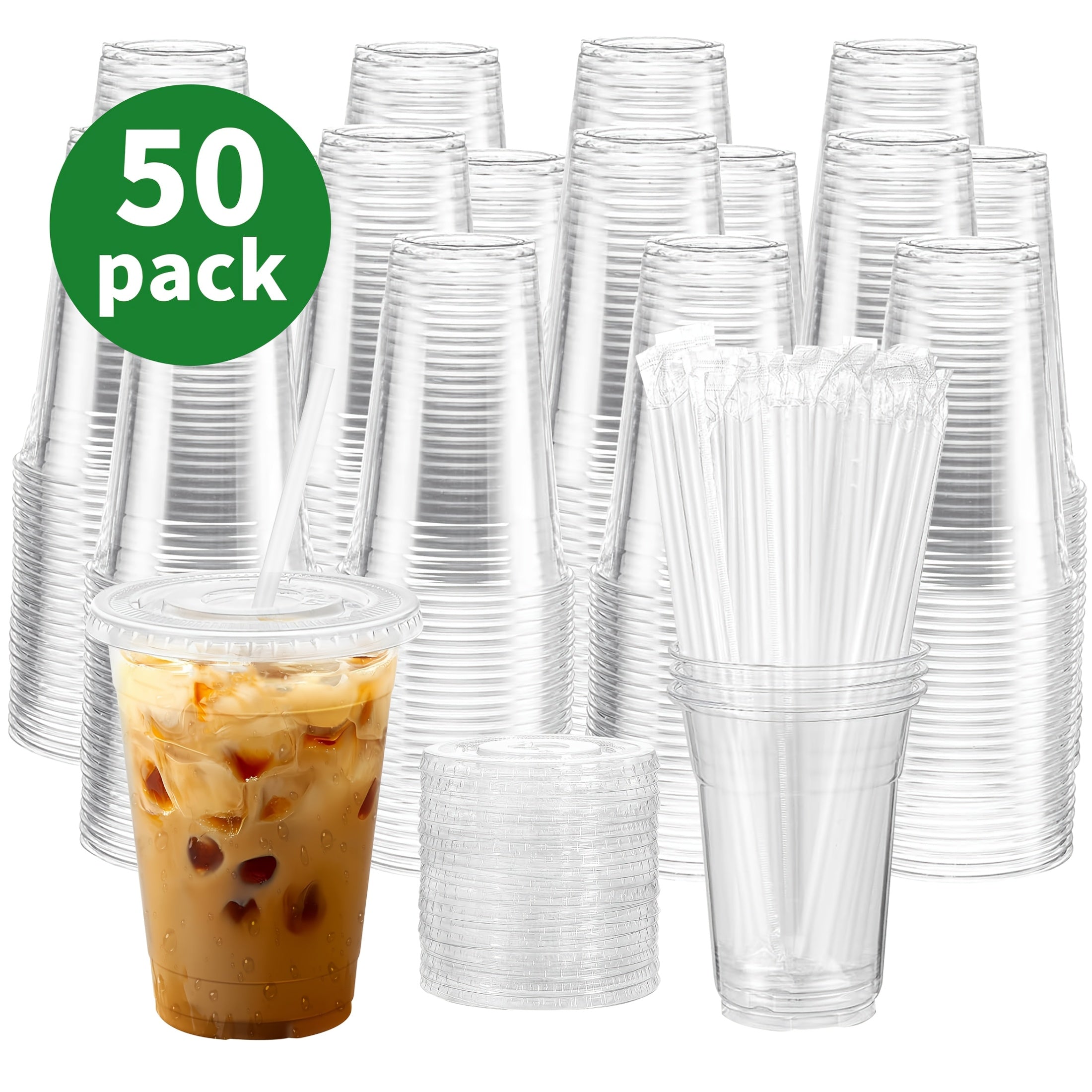 50 Sets 12oz-16oz-20oz-24oz Disposable Plastic Cups with Lids & Straws - Coffee Cold Drink Cups for Holiday Party, Halloween party, Christmas gatheringTravel, Home & Office Use, Disposable Cup, Cups Disposable