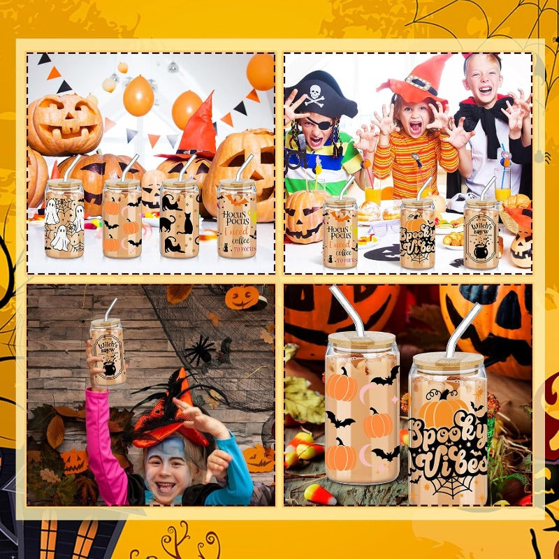 6 Pcs Halloween Drinking Glasses 16 oz Hearts Glass Cup with Bamboo Lid and Glass Straw Can Shaped Beer Glass Reusable Love Smoothie Cup for Women Teenager Valentine Party Birthday Gift