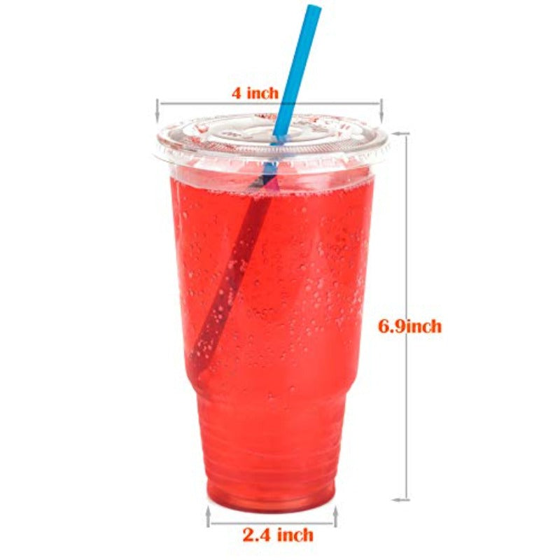 Cup series 32oz Clear Plastic cups with Flid lids with X hole 25sets, Disposable Drinkware, Catering Essentials, Functional Cups, Stackable Cups, Durable Plastic, Pet Film Coating, Plastic Drinkware, Lidded Cups