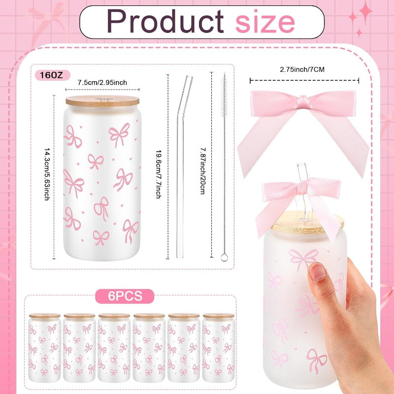 6 Sets 16oz Coquette Aesthetic Bow Glass Cup with Lids and Straws for Mom Teacher Gifts Cute Bow Glass Coffee Cups Reusable Smoothie Tumbler Decor Gifts for Women Coworkers Pink
