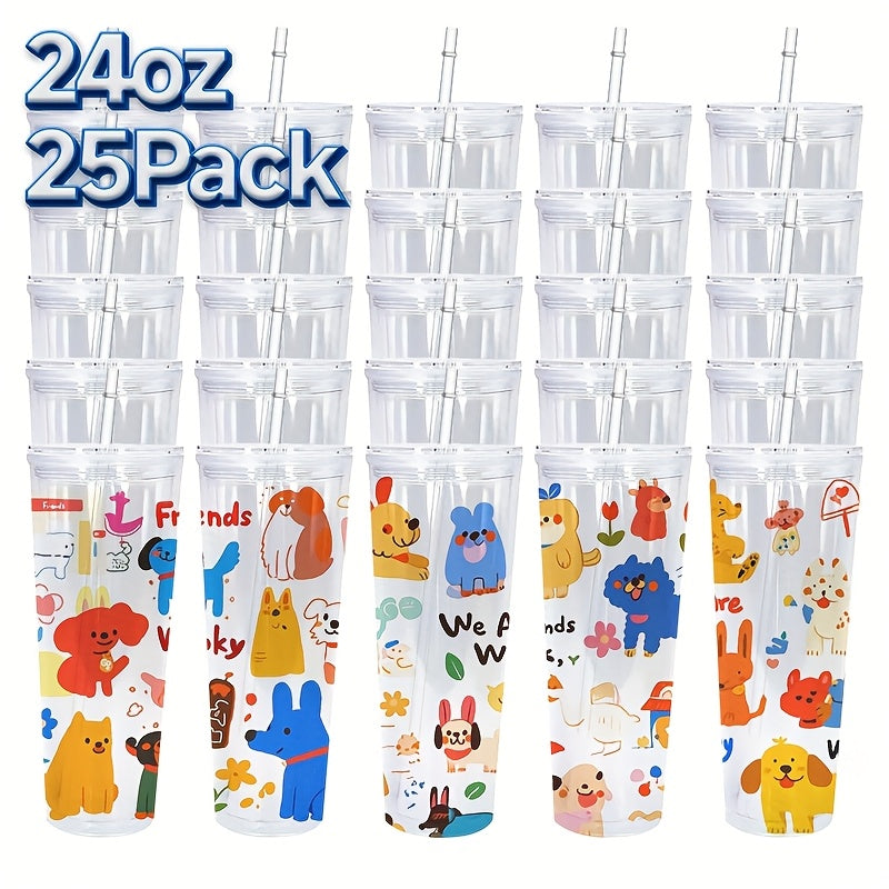 25pcs 24oz Clear Double-Wall Plastic Tumblers with Pre-Drilled Holes, Lids & Straws - BPA-Free, Hand Wash Only, Perfect for Snow Globe Cups & DIY Crafts, Featuring Cute Cartoon Animal Designs, Snowflake Craft