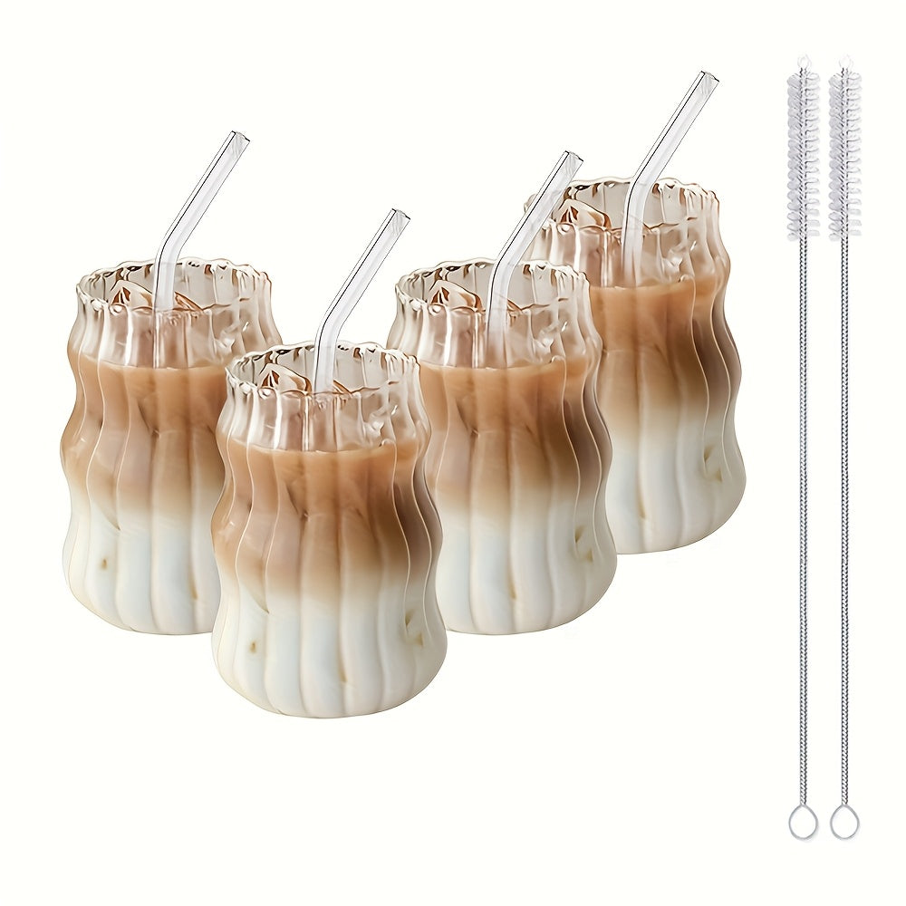 BPA-Free Glass Coffee Cups 4pcs\u002F6pcs BPA-Free Borosilicate Glass Coffee Cups with Straws | U-Shaped Insulated Tea Cups for Cold Drinks, Cloud Design, Hand Wash Only, Perfect for Labor Day & Thanksgiving Gifts