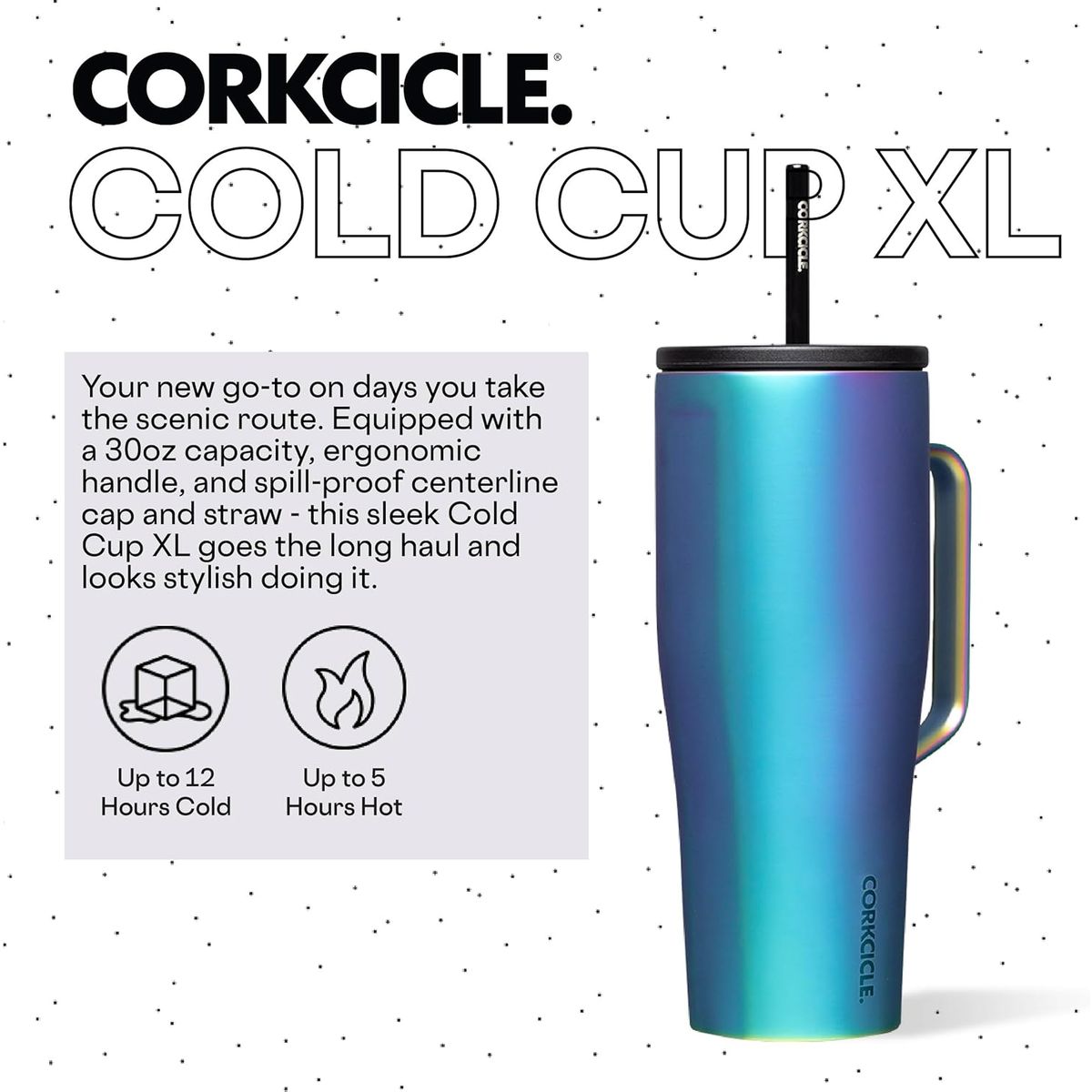 Corkcicle Cold Cup XL 30oz Insulated Tumbler with Handle, Straw & Lid - 12hr Cold Retention, Iridescent Iridescent Blue\u002FPurple\u002FPink\u002FPink Water Bottle, Cupholder Friendly Insulated Bottle, Alloy, Dishwasher (Reusable