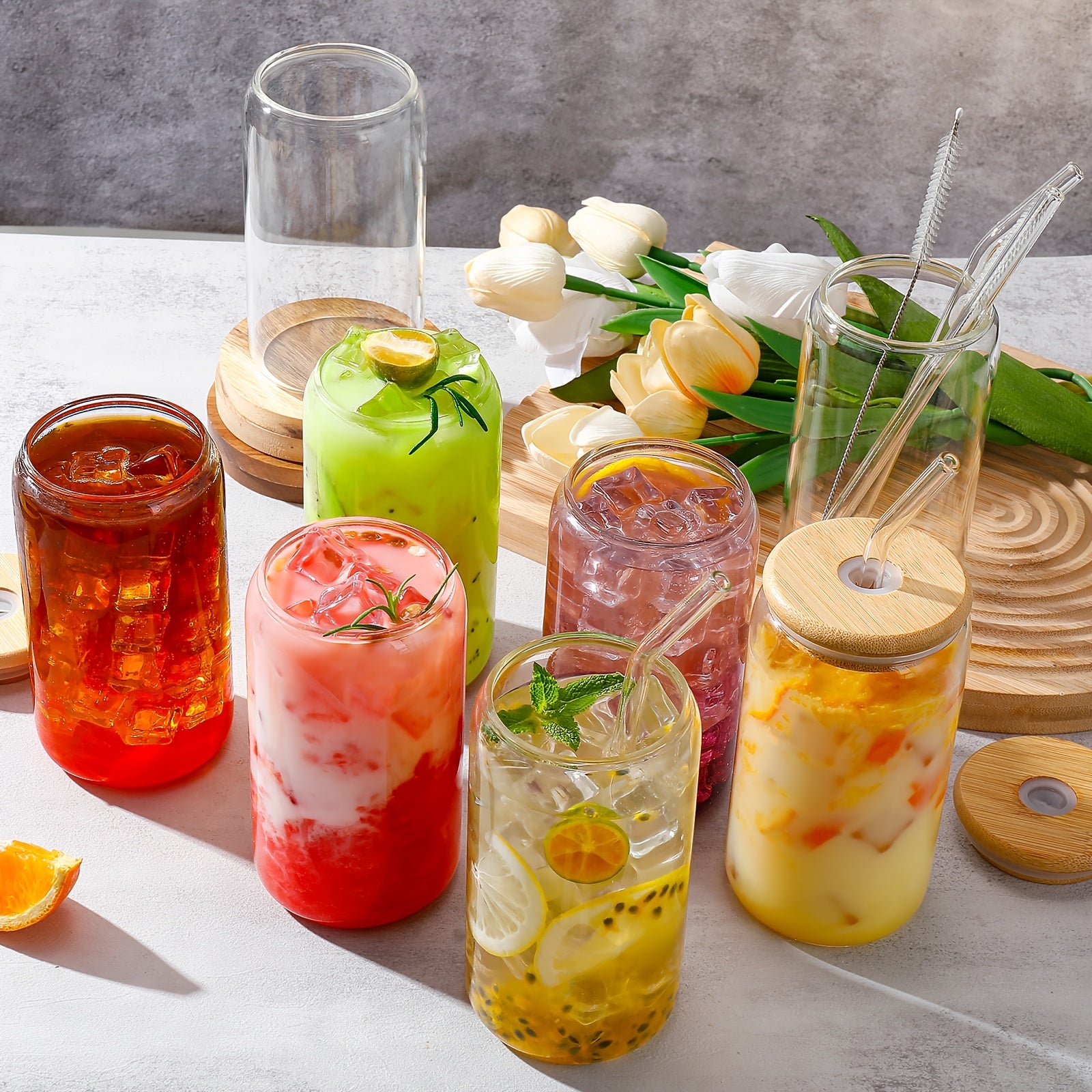 6\u002F8\u002F16pcs Glasses, 16oz Insulated Glasses with Lids And Straws, Jar Glasses for Gifts, Parties, Drinking Glass Sets, Iced Coffee Mugs, Cute Tea Mugs, Homemade Drinking Glasses.