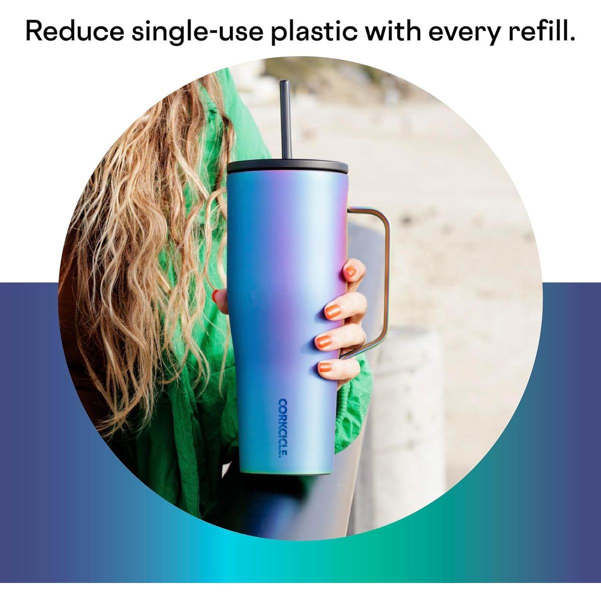 Corkcicle Cold Cup XL 30oz Insulated Tumbler with Handle, Straw & Lid - 12hr Cold Retention, Iridescent Iridescent Blue\u002FPurple\u002FPink\u002FPink Water Bottle, Cupholder Friendly Insulated Bottle, Alloy, Dishwasher (Reusable