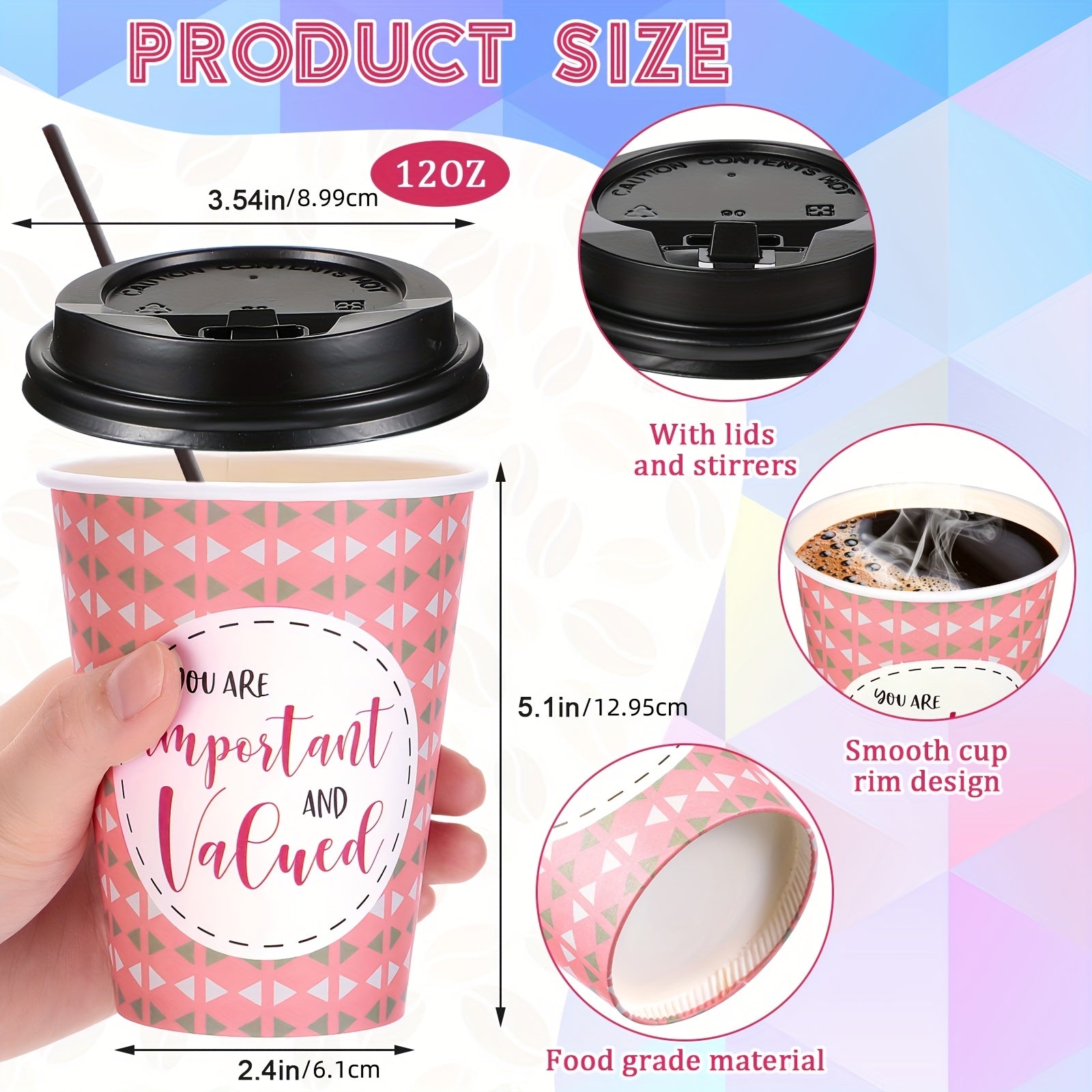 100pcs Disposable Coffee Cups with Lids & Straws - 16oz Motivational Plastic Hot Cups with 6 Inspirational Quotes & Assorted Patterns for Home, Cafe, Office, Parties, YAOMIAO