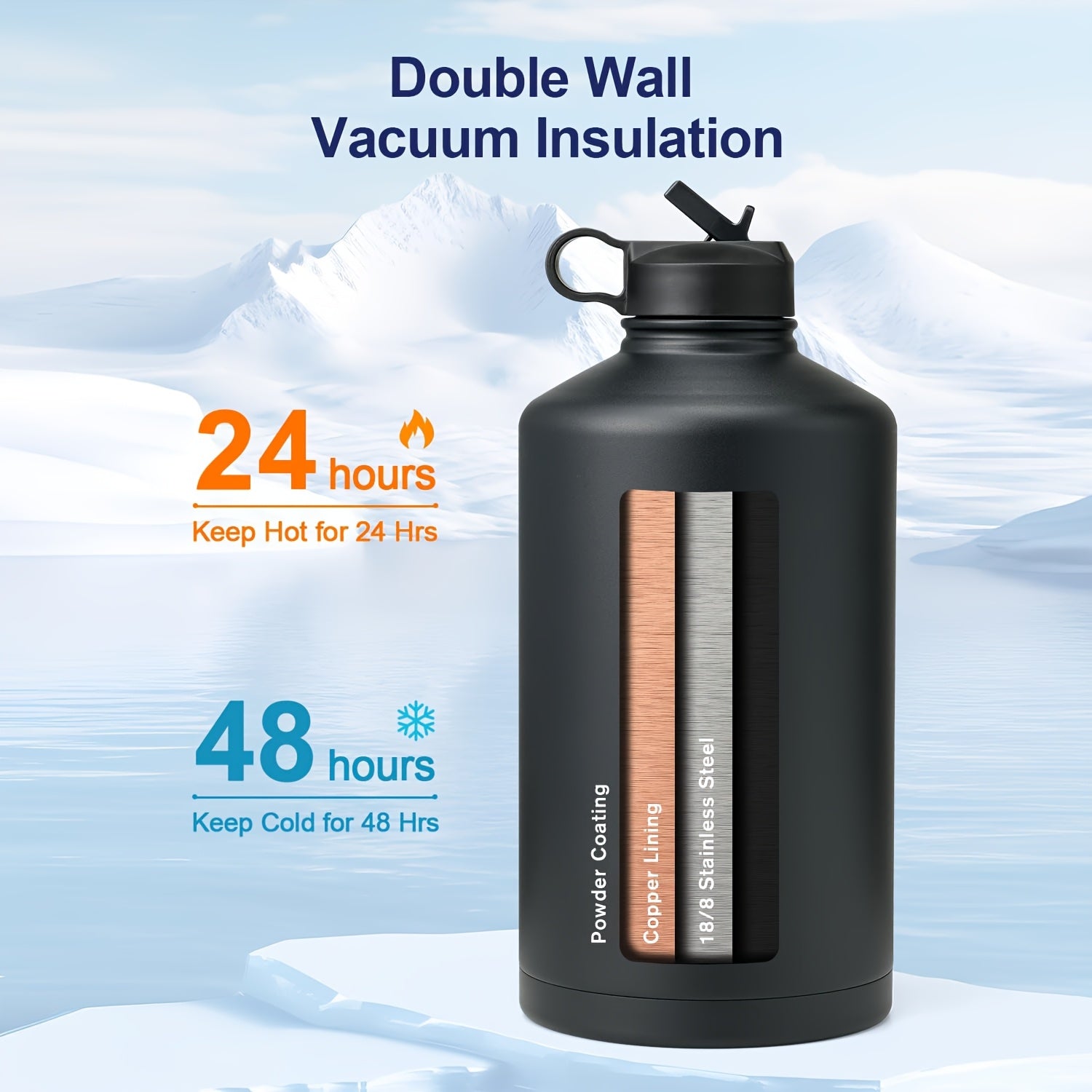 Insulated Water Bottle Insulated Gallon Water Bottle With Straw & Paracord Handle | 128oz, Keeps Cold 48 Hrs, For Sports Gym Outdoor, Christmas Gift