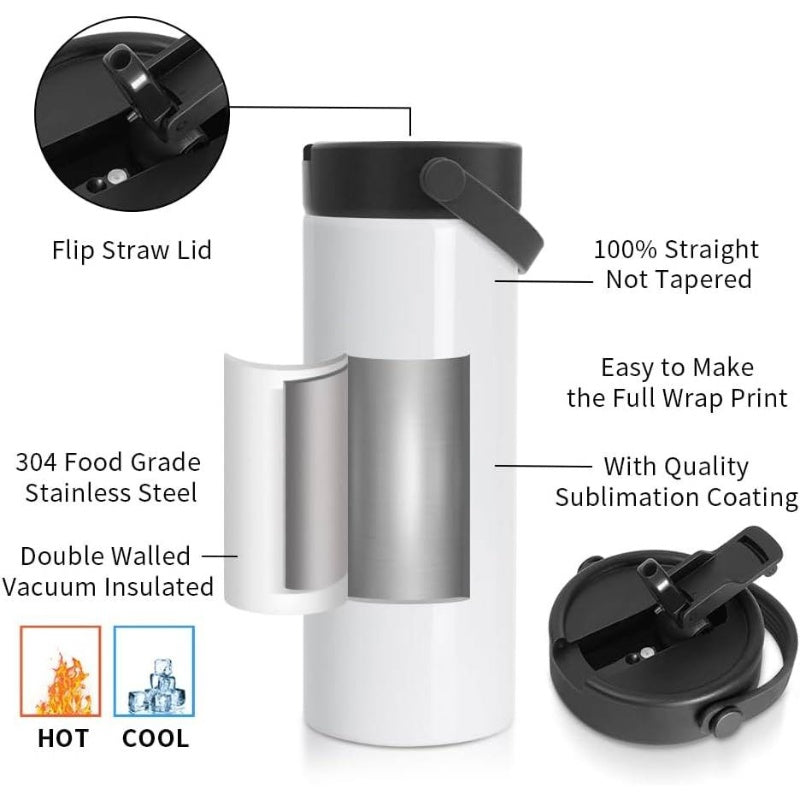 4 Pack Sublimation Bottle Blanks 30 OZ 900 ML Sports Wide Mouth Vacuum Insulated Straight Tumblers with Flip Straw and Portalbe Handle