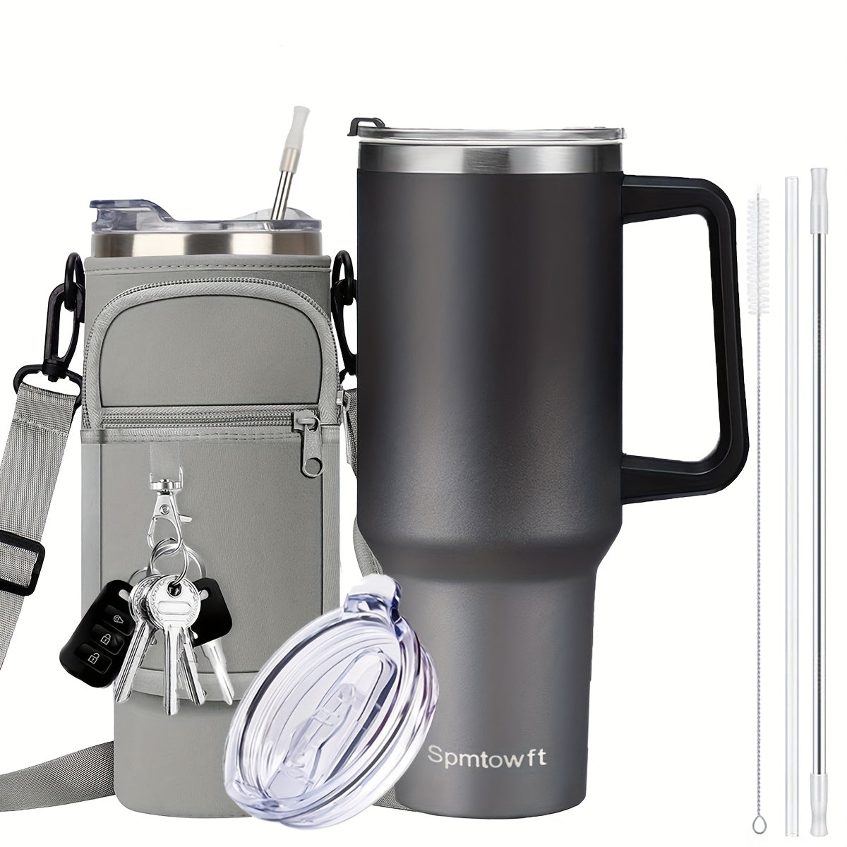 SPMTOWFT 40 Oz Tumbler with Handle, Insulated Water Bottle Carrier Bag with Lid And Straw, Reusable Stainless Steel Vacuum Insulated Cup, Leak Proof Thermal Travel Coffee Mug Cup for Cold And Hot, Phone Pocket, Office Drinkware, Gym Goers