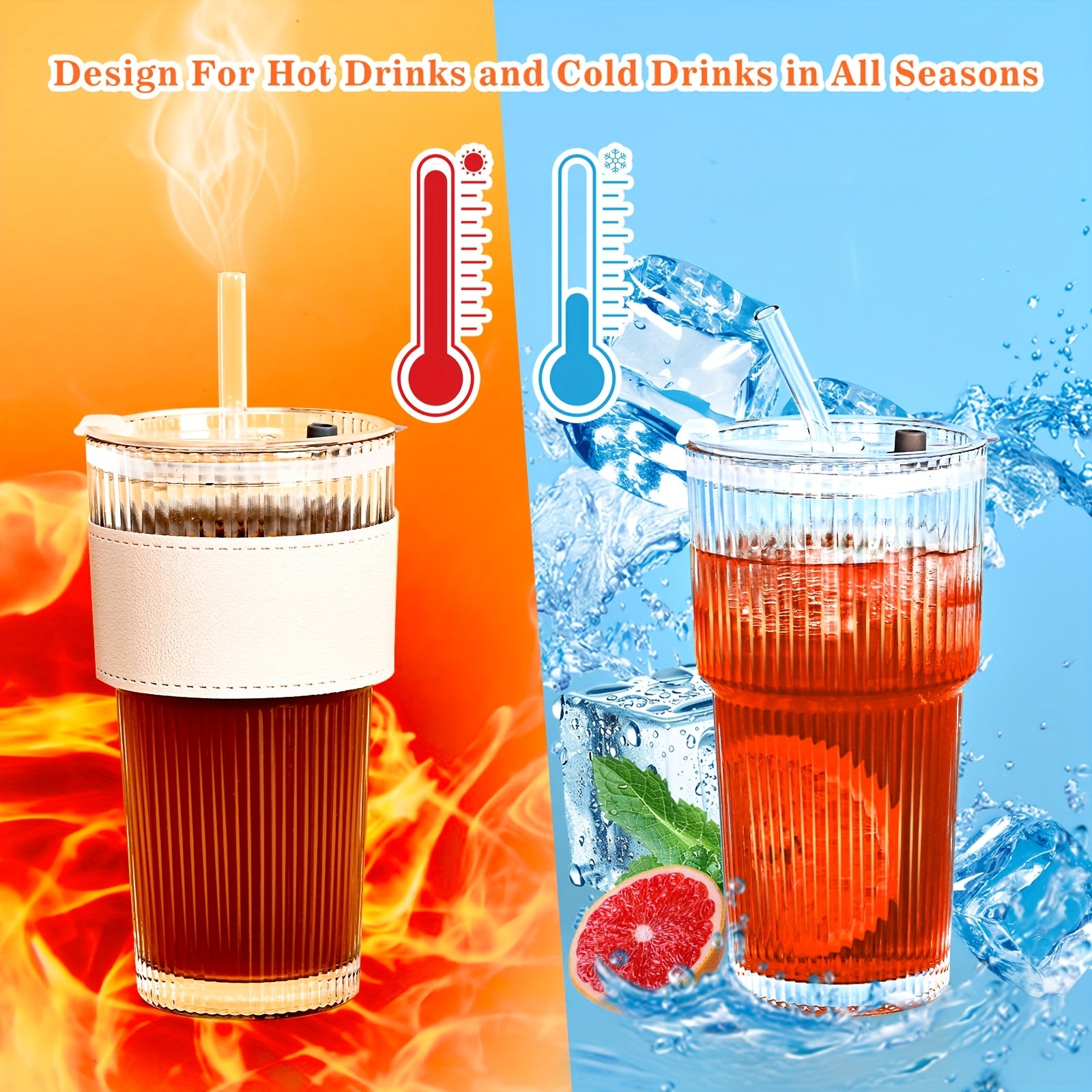 1\u002F2\u002F4pcs Stylish Striped Glass Cup Set With Cup Sleeve, Lid & Straw, 20oz High-Value Large Capacity Striped Glass Cup Set With 1*Cup Sleeve, 1*straw Brush, 2* Straws, Suitable For Cold Drinks, Coffee, Perfect For Home, Office And Outdoor Use