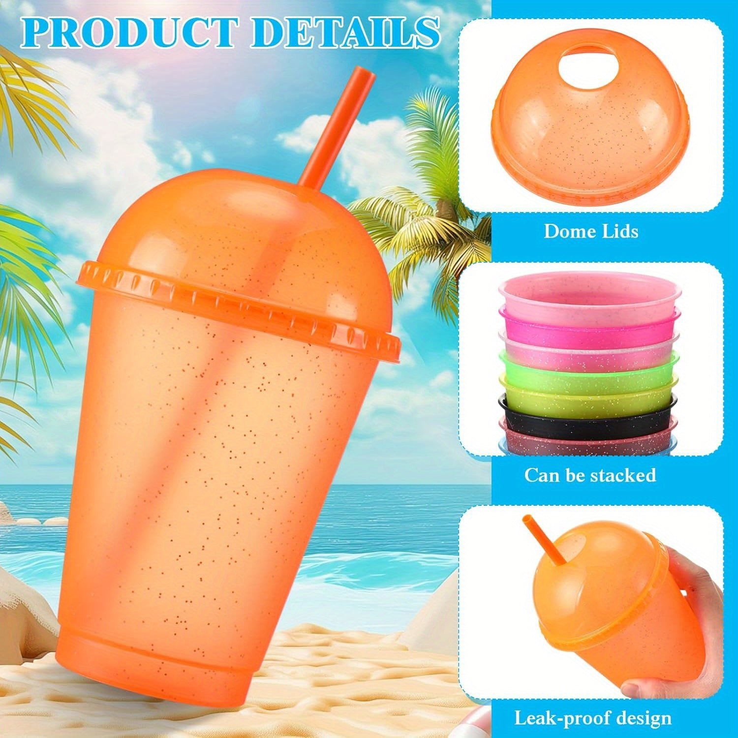 Hsei 24 Pack Glitter Plastic Cups with Dome Lids Straws 16 oz Reusable Tumbler Bulk Iced Coffee Colorful Clear Cold Water Bottle Travel Mug Cup for Birthday Bachelor Party Supplies (Classic Color)