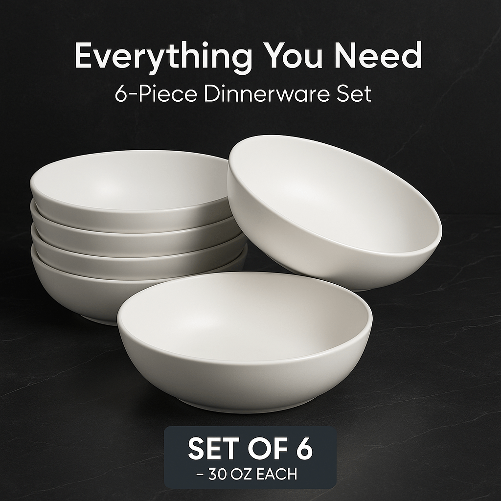 Kitchen Essentials Set – Large Ceramic Pasta Plates (Set of 6), Premium Black Knife Set (6-Piece), & Clear Glass Coffee Mugs (Set of 4) – Durable, Microwave & Dishwasher Safe