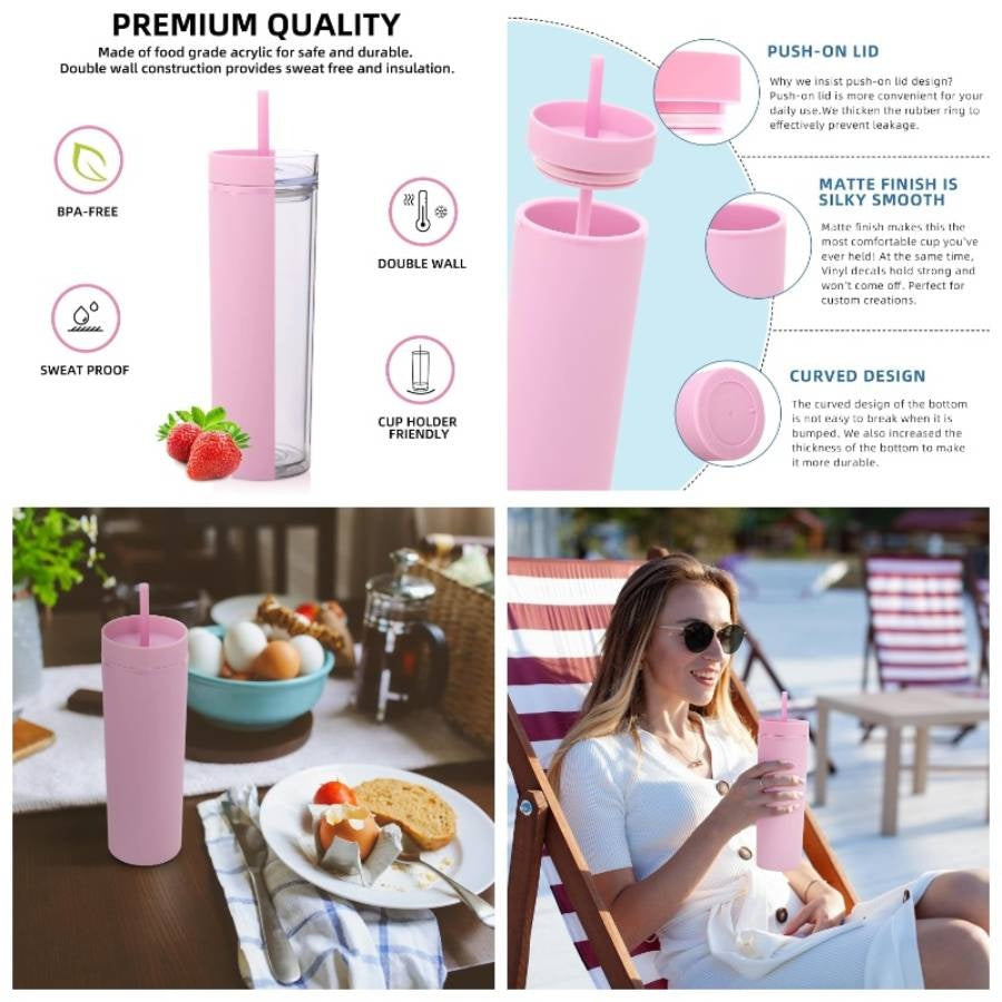 20oz Plastic Skinny Tumblers Bulk 10 Pack, Double Wall Tumbler with Lid and Straw, BPA Matte Acrylic Iced Coffee Cups With Straw, Reusable Travel Cute Mug Party, Pink, 10 Set