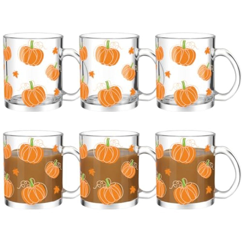 6 Pack 12 oz Fall Pumpkin Coffee Mugs Glass Cups Thanksgiving Gifts Bulk Clear Drinking Wine Glasses with Handle for Autumn Harvest Halloween Party plies Decorations