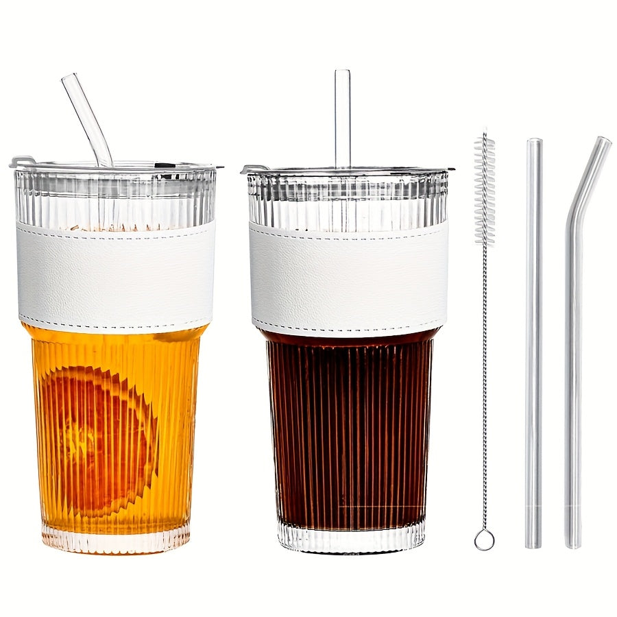 1\u002F2\u002F4pcs Stylish Striped Glass Cup Set With Cup Sleeve, Lid & Straw, 20oz High-Value Large Capacity Striped Glass Cup Set With 1*Cup Sleeve, 1*straw Brush, 2* Straws, Suitable For Cold Drinks, Coffee, Perfect For Home, Office And Outdoor Use