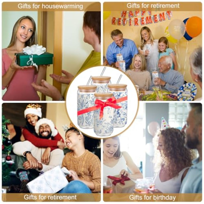 Cunhill 4 Set Glass Cups with Lids and Straws 16 oz Iced Coffee Cups with Lids Blue and White Flower Tumblers for Birthday Wedding Party Gifts Include 4 Cleaning Brushes