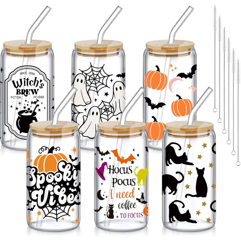 6 Pcs Halloween Drinking Glasses 16 oz Hearts Glass Cup with Bamboo Lid and Glass Straw Can Shaped Beer Glass Reusable Love Smoothie Cup for Women Teenager Valentine Party Birthday Gift