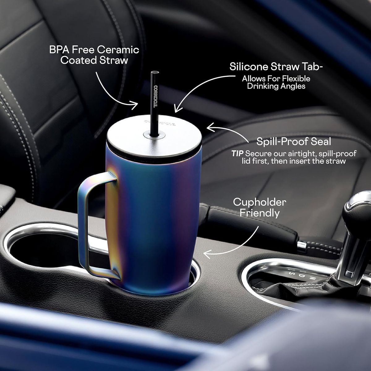 Corkcicle Cold Cup XL 30oz Insulated Tumbler with Handle, Straw & Lid - 12hr Cold Retention, Iridescent Iridescent Blue\u002FPurple\u002FPink\u002FPink Water Bottle, Cupholder Friendly Insulated Bottle, Alloy, Dishwasher (Reusable
