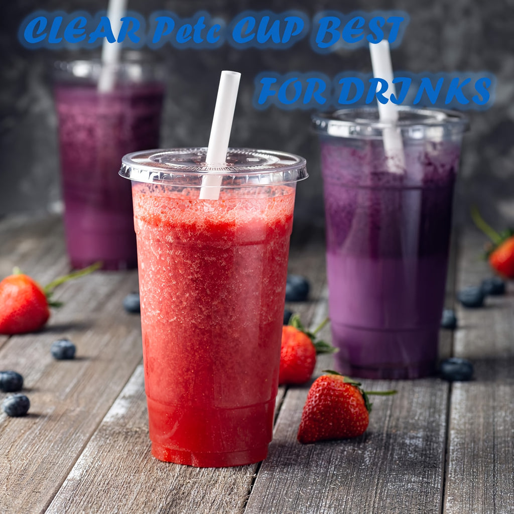 100 Pack 32 Oz Clear Disposable Plastic Cups With Flat Lids -BPA-Free Crystal Cold Drink Cups For Iced Coffee, Smoothies, Juice, Milkshakes, Party, Lemonade Stand & More