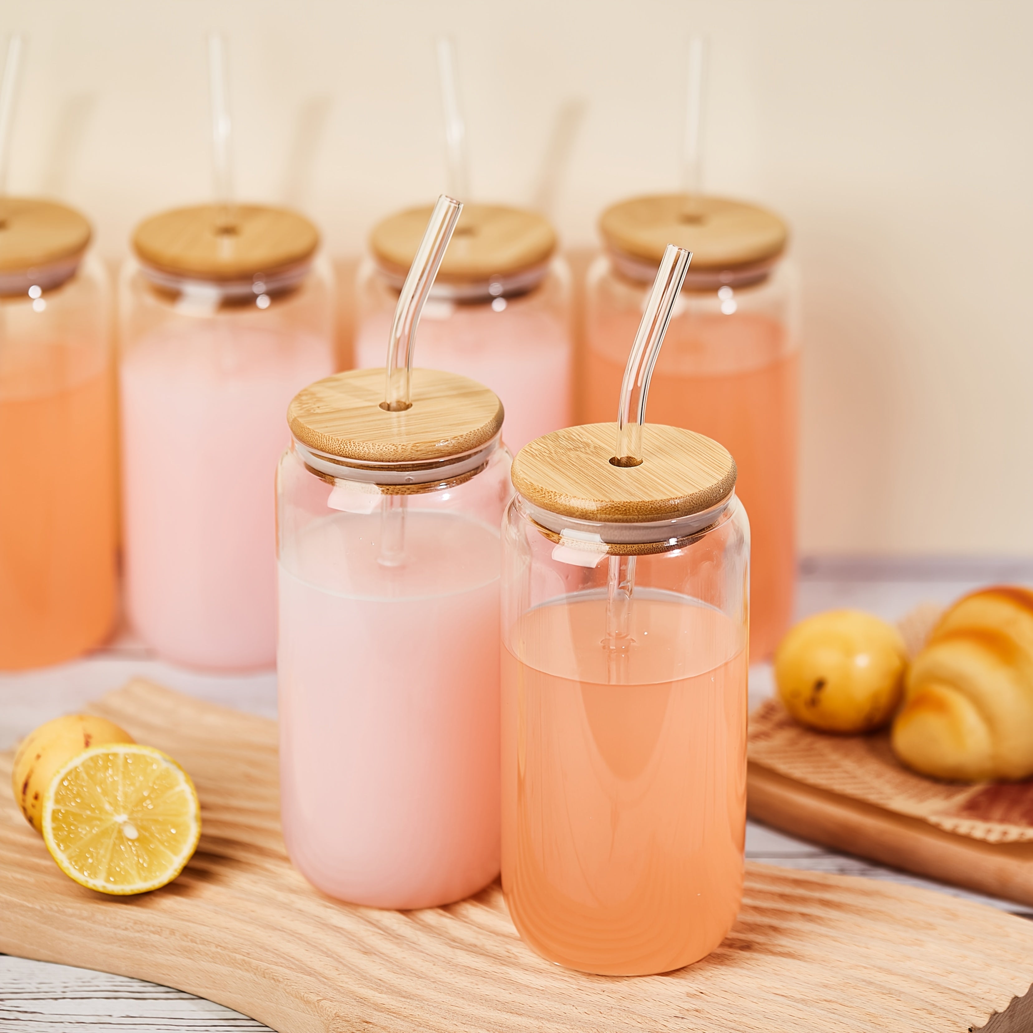 6pcs, 18.6oz\u002F550ml, Including Lid, Straw, Straw Brush Glass Cup Set. The Elegant Shape Of The Drinking Cup Is An Ideal Gift, And The Can Shaped Glass Cup Is Suitable for Any Beverage And Occasion