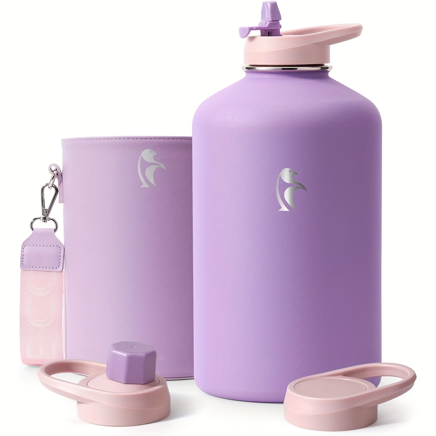 64\u002F128 Oz Water Bottle Insulated With PU Leather Sleeve, Half Gallon Water Bottle Color Contrast With Straw Lids, Stainless Steel Metal Large Water Jug, Keep Cold 48h Hot 24h, Black\u002FPurple