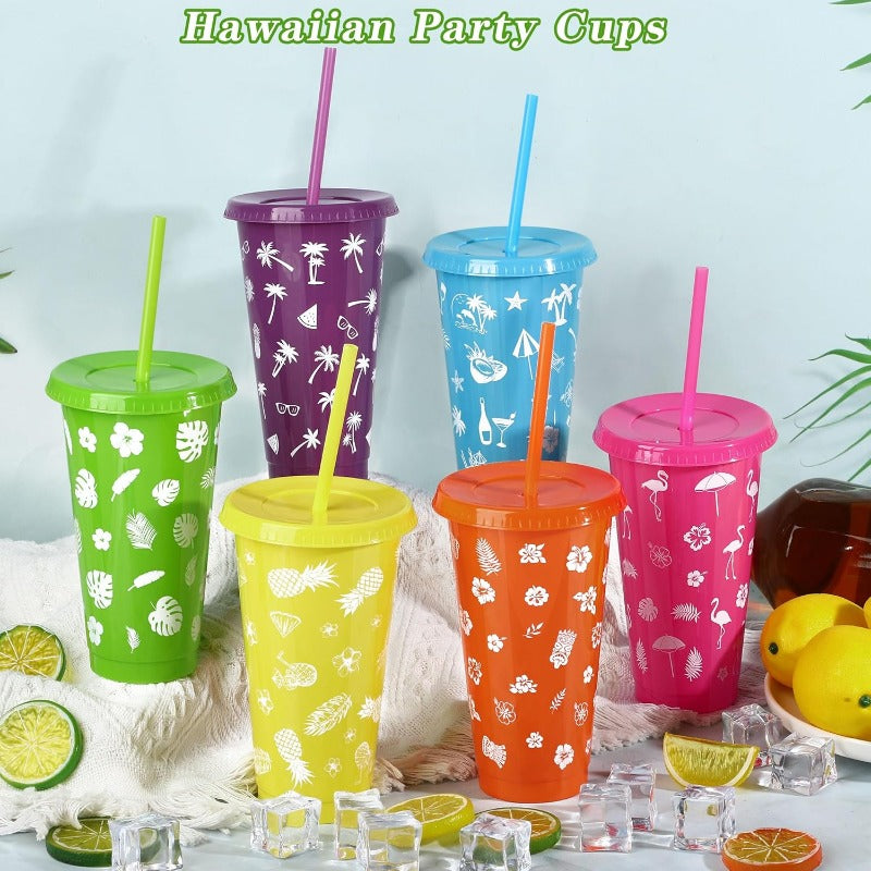 24 Pieces 24 oz Hawaiian Cups Luau Tumbler Cups with Straw and Lid 6 Design Reusable Plastic Travel Mug Cup for Hawaiia Favors Luau Tiki