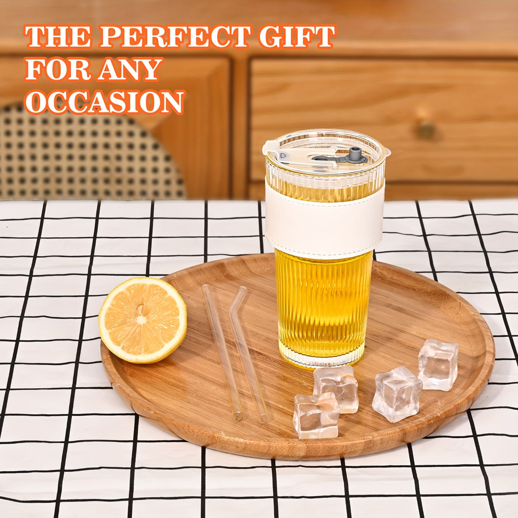 1\u002F2\u002F4pcs Stylish Striped Glass Cup Set With Cup Sleeve, Lid & Straw, 20oz High-Value Large Capacity Striped Glass Cup Set With 1*Cup Sleeve, 1*straw Brush, 2* Straws, Suitable For Cold Drinks, Coffee, Perfect For Home, Office And Outdoor Use