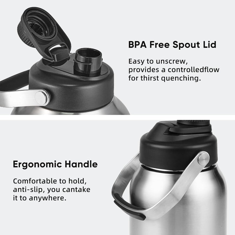 One Gallon Water Bottle 128oz Stainless Steel Insulated Water Bottle For Hot Cold Drinks BPAFree Wide Mouth LeakProof Big Water Jug With Handle For Sports Travel Hinking Camping Silver