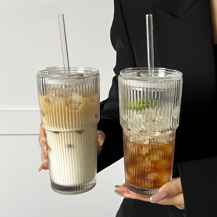 1\u002F2\u002F4pcs Stylish Striped Glass Cup Set With Cup Sleeve, Lid & Straw, 20oz High-Value Large Capacity Striped Glass Cup Set With 1*Cup Sleeve, 1*straw Brush, 2* Straws, Suitable For Cold Drinks, Coffee, Perfect For Home, Office And Outdoor Use
