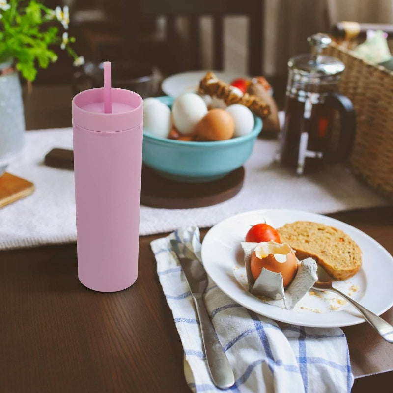 20oz Plastic Skinny Tumblers Bulk 10 Pack, Double Wall Tumbler with Lid and Straw, BPA Matte Acrylic Iced Coffee Cups With Straw, Reusable Travel Cute Mug Party, Pink, 10 Set