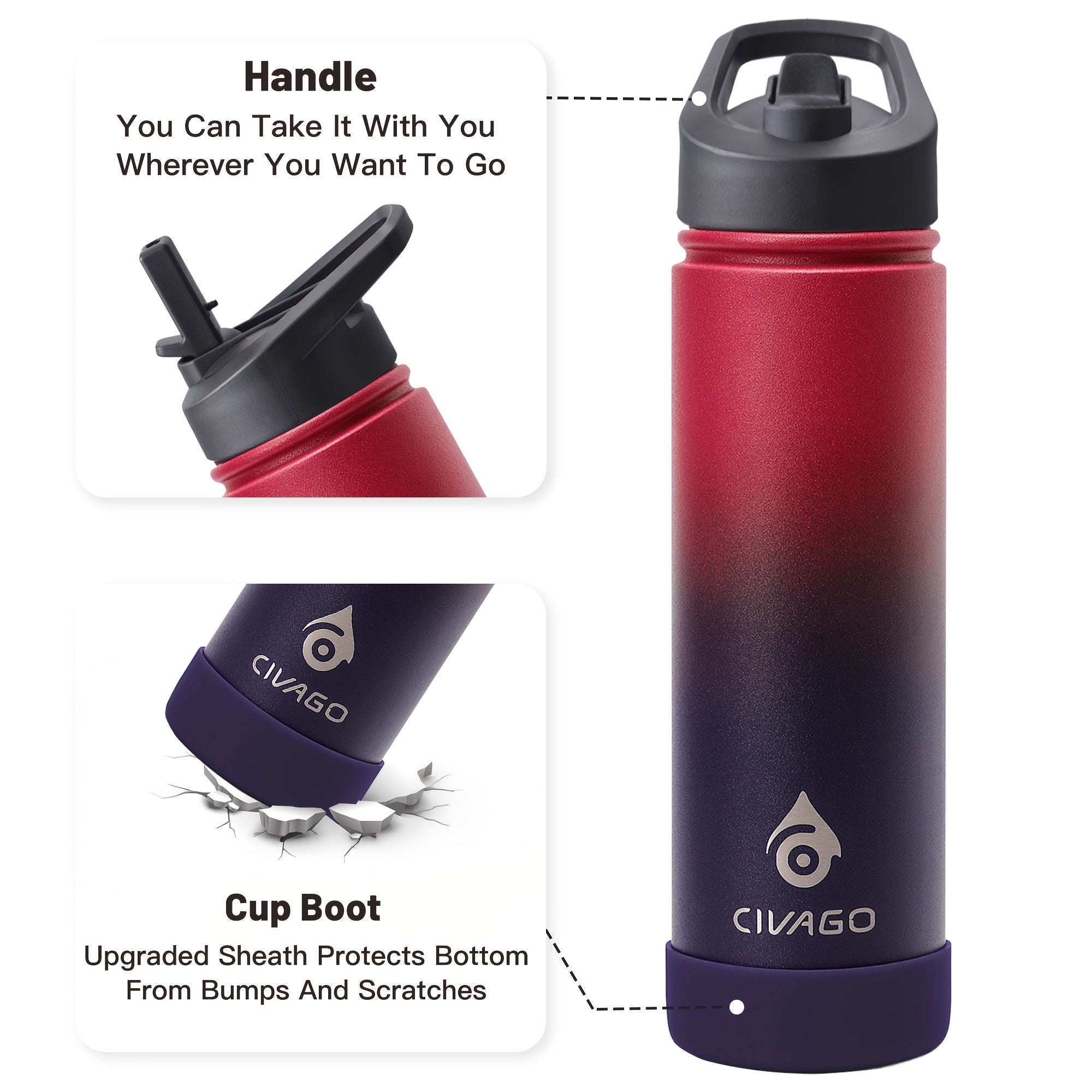 22oz Insulated Water Bottle with Straw Lids (Straw And Spout Lid), Wide Mouth Stainless Steel Tumbler Cup with Handle, Sweat-Free Leak Proof Vacuum Cup Flask, for Sports Hiking Travel Coffee Mug, Durable Metal Canteen BPA Free, 1pc