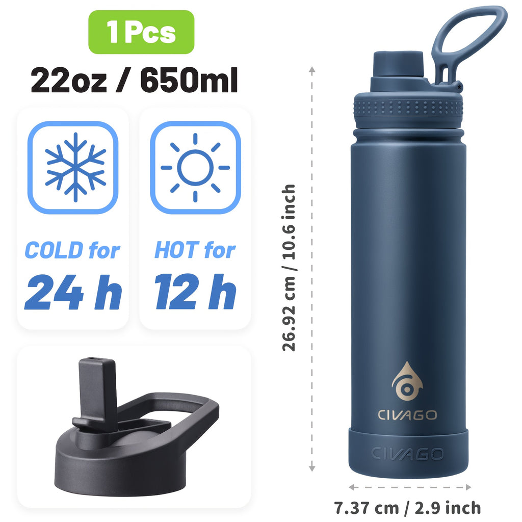 22oz Insulated Water Bottle with Straw Lids (Straw And Spout Lid), Wide Mouth Stainless Steel Tumbler Cup with Handle, Sweat-Free Leak Proof Vacuum Cup Flask, for Sports Hiking Travel Coffee Mug, Durable Metal Canteen BPA Free, 1pc