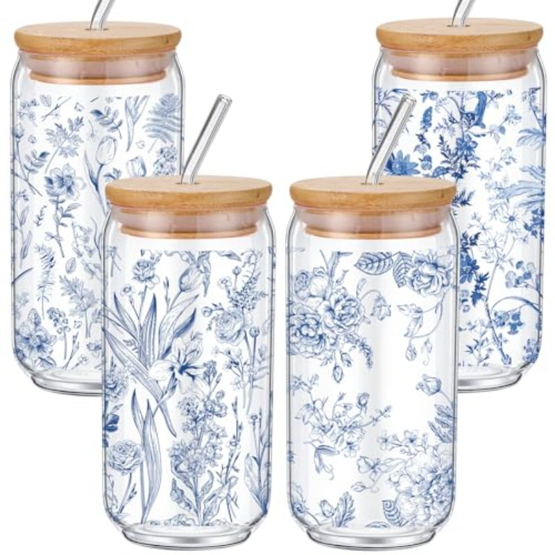 Cunhill 4 Set Glass Cups with Lids and Straws 16 oz Iced Coffee Cups with Lids Blue and White Flower Tumblers for Birthday Wedding Party Gifts Include 4 Cleaning Brushes