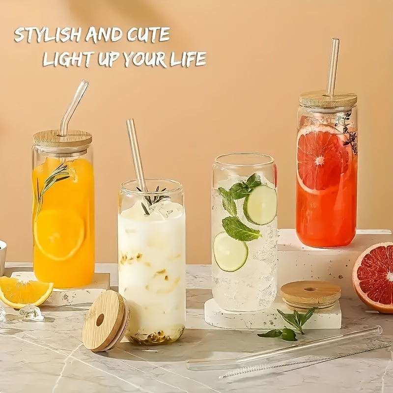 4\u002F6pcs, Glass Cup, 18.7oz\u002F550ml Glass Cup with Lid and Straw, Mason Jar Water Cup, Iced Coffee Cup, Glass Cup with Bamboo Lid,