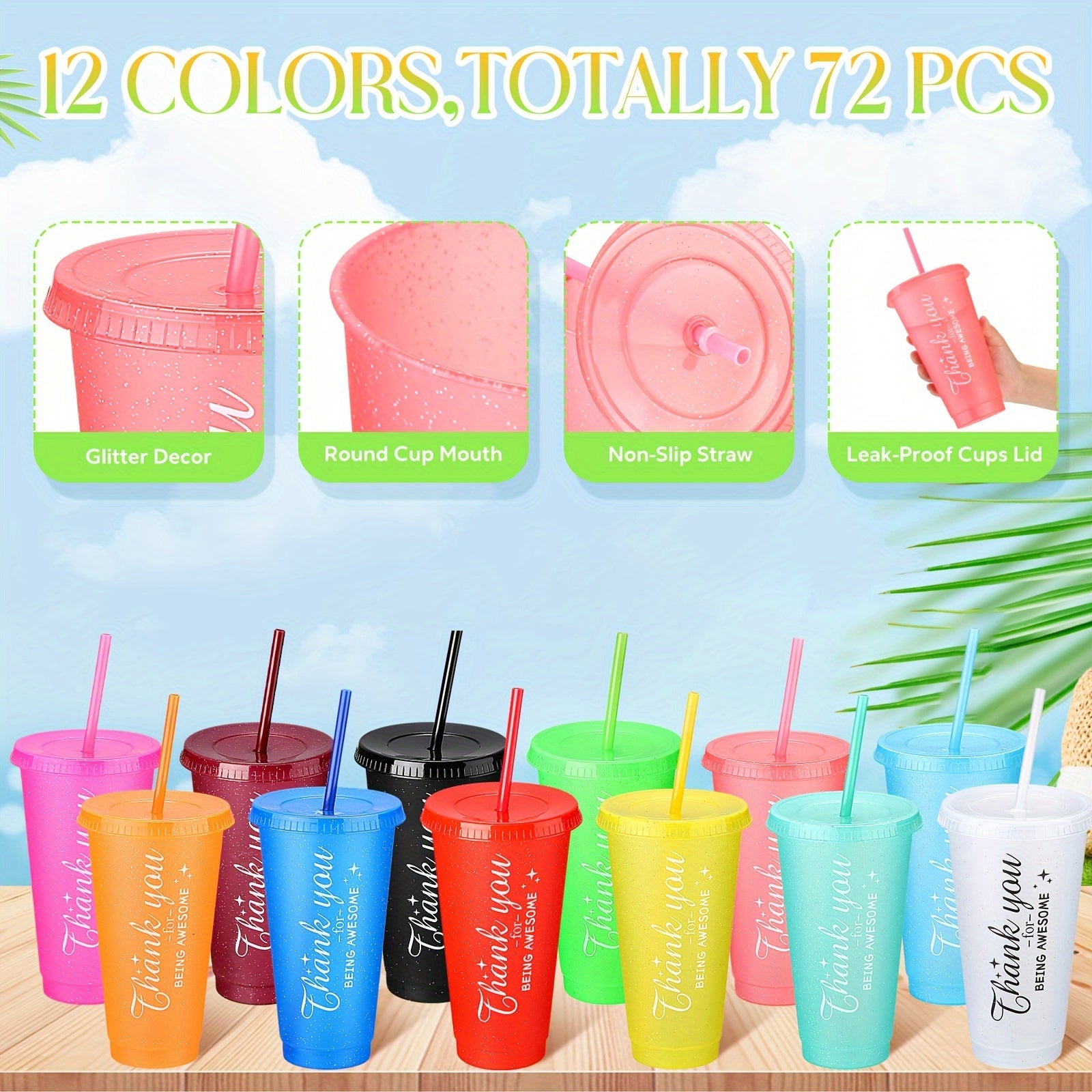 72 Pcs Thank You Gifts Inspirational Tumbler Cup 24 Oz Colorful Tumbler With Lid And Straw Reusable Plastic Tumblers Graduation Appreciation Gift For Coworker Teacher Employee (Bright Colors)