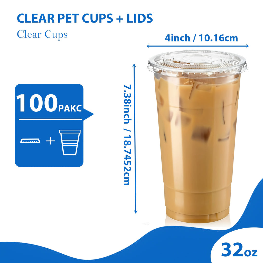 100 Pack 32 Oz Clear Disposable Plastic Cups With Flat Lids -BPA-Free Crystal Cold Drink Cups For Iced Coffee, Smoothies, Juice, Milkshakes, Party, Lemonade Stand & More