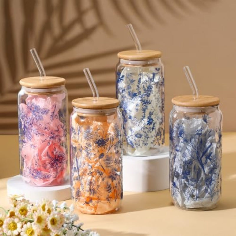 Cunhill 4 Set Glass Cups with Lids and Straws 16 oz Iced Coffee Cups with Lids Blue and White Flower Tumblers for Birthday Wedding Party Gifts Include 4 Cleaning Brushes