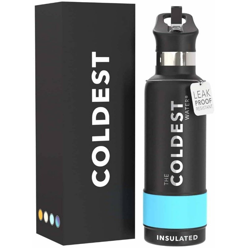 21oz Stainless Steel Insulated Water Bottle with Straw Lid - Double-Wall Vacuum Insulation, Leakproof & Temperature Retention, Matte Black with Blue Accent, Ergonomic Grip & Carry Loop, Durable Thermos for Hot\u002FCold Drinks, Outdoor, Gym, Travel