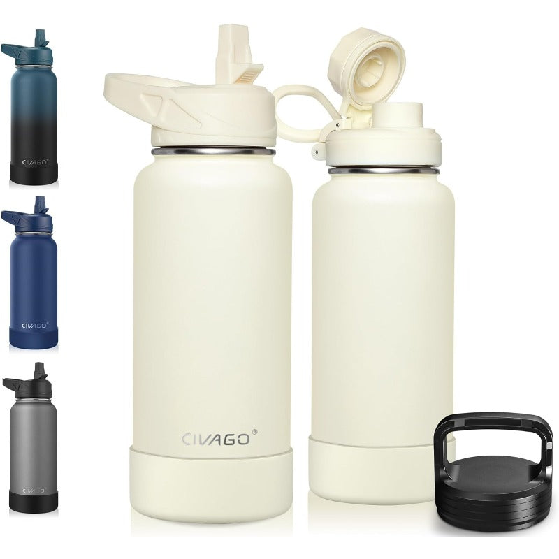 32oz Insulated Water Bottle with Straw Stainl Steel Sports Water Flask Cup with 3 Lids Straw Portable Spout and Handle Lid Double Walled Travel Thermal Canteen Mug Cream, Daily Hydration, Workout Essentials, Sleek Design, Stylish Canteen, Highquality