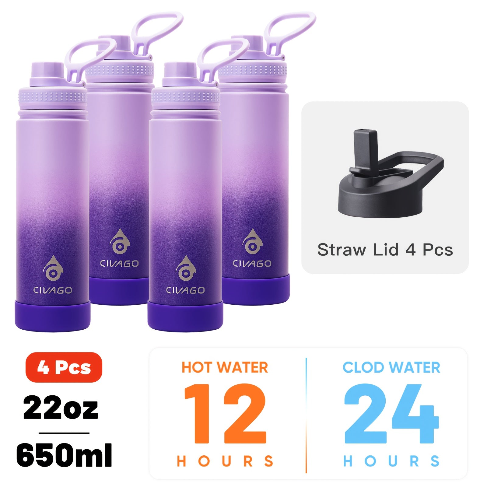 22oz Insulated Water Bottle with Straw Lids (Straw And Spout Lid), Wide Mouth Stainless Steel Tumbler Cup with Handle, Sweat-Free Leak Proof Vacuum Cup Flask, for Sports Hiking Travel Coffee Mug, Durable Metal Canteen BPA Free, 1pc