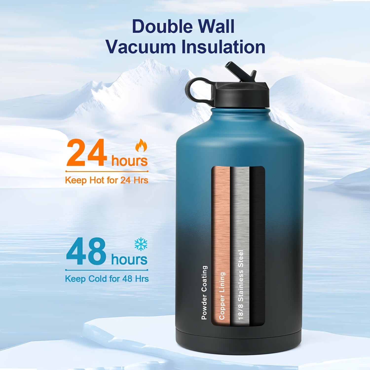 Insulated Water Bottle Insulated Gallon Water Bottle With Straw & Paracord Handle | 128oz, Keeps Cold 48 Hrs, For Sports Gym Outdoor, Christmas Gift