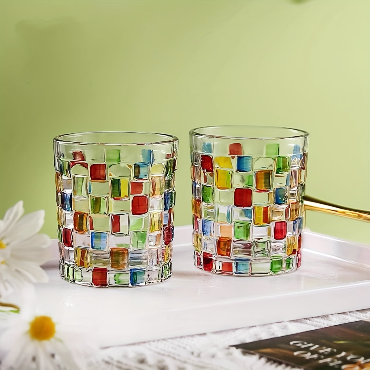 4pcs Colored Glass Mugs Water Mugs Coffee Mugs Premium Feeling Painted Home Whiskey Vintage Beer Mugs, Home Barware, Party Drinkware, Decorative Glassware, Classic Design, Durable Glassware, Handcrafted Mugs, Drinking Glasses, Barware Set