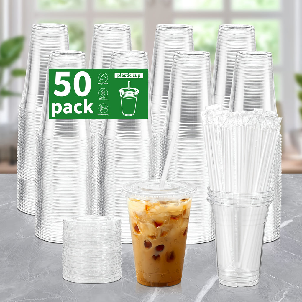 50 Sets 12oz-16oz-20oz-24oz Disposable Plastic Cups with Lids & Straws - Coffee Cold Drink Cups for Holiday Party, Halloween party, Christmas gatheringTravel, Home & Office Use, Disposable Cup, Cups Disposable