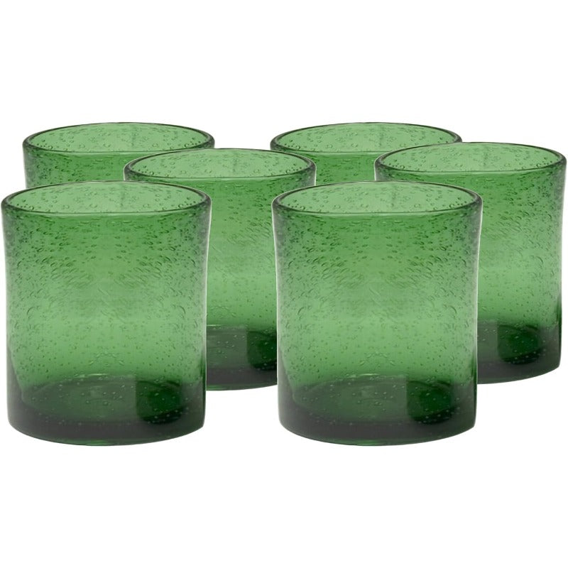 14oz Double Old Fashion Glass Set of 6 Iris Seeded Design Green Drinking Glass for Parties and Everyday Use Mojito Whiskey Cocktail Glassware and Barware entials