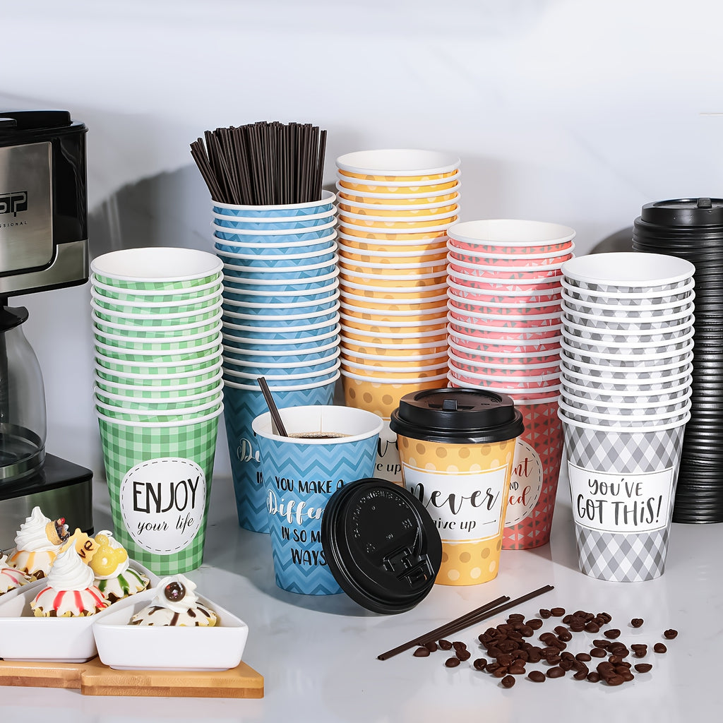 100pcs Disposable Coffee Cups with Lids & Straws - 16oz Motivational Plastic Hot Cups with 6 Inspirational Quotes & Assorted Patterns for Home, Cafe, Office, Parties, YAOMIAO