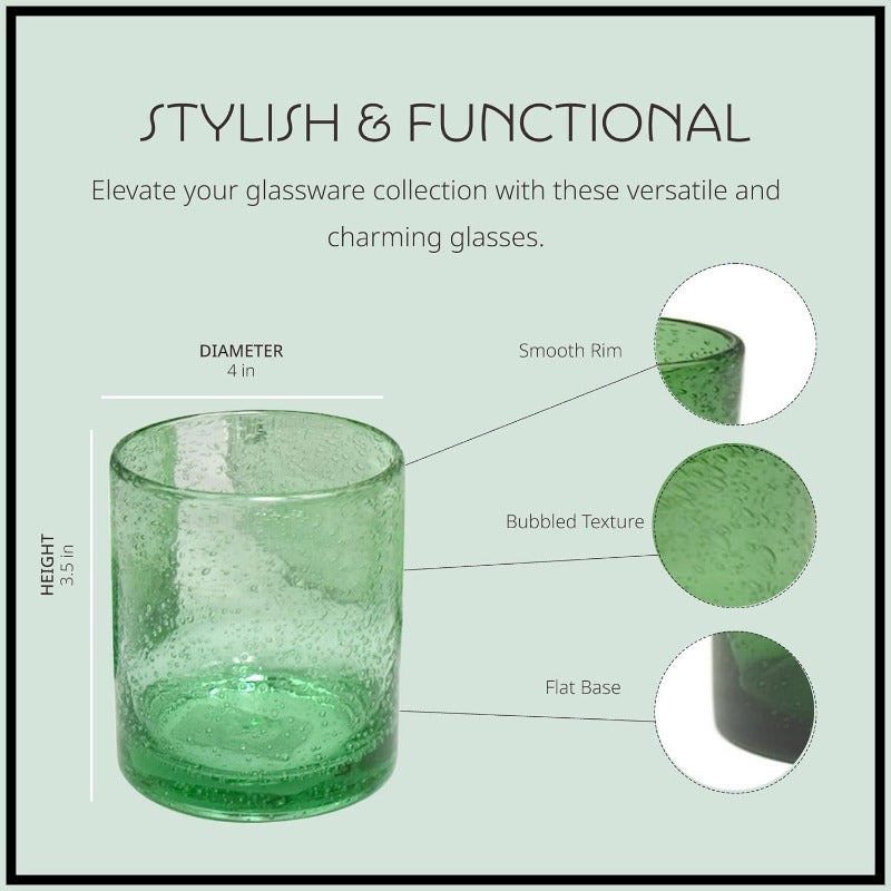 14oz Double Old Fashion Glass Set of 6 Iris Seeded Design Green Drinking Glass for Parties and Everyday Use Mojito Whiskey Cocktail Glassware and Barware entials