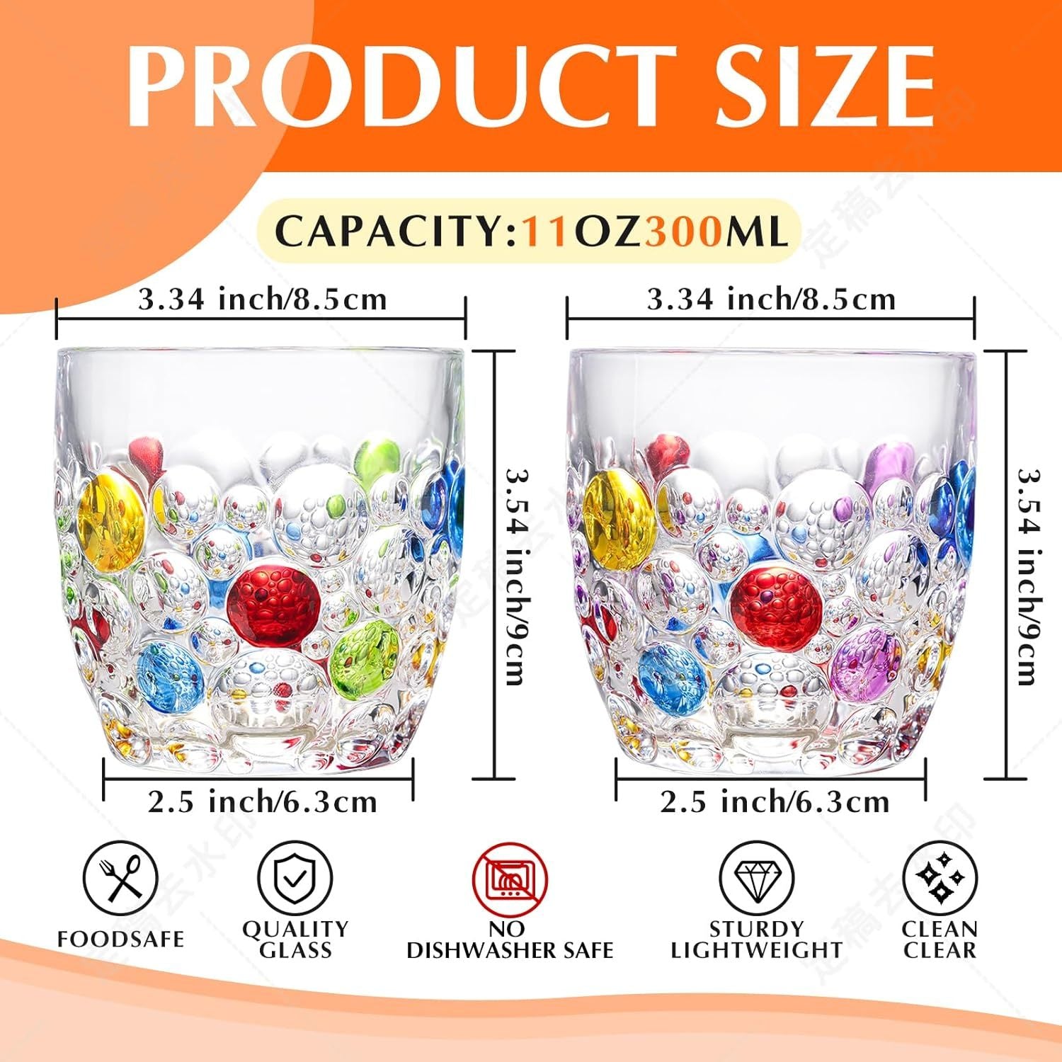 Crystal Water Glasses, Colored Beaded, Set of 4 or 6, Bubble Design, 11oz Modern Hobnail Drinking Glasses, for Water, Whiskey, Wine, Beer, Juice, Roostertail, Coffee, Gift