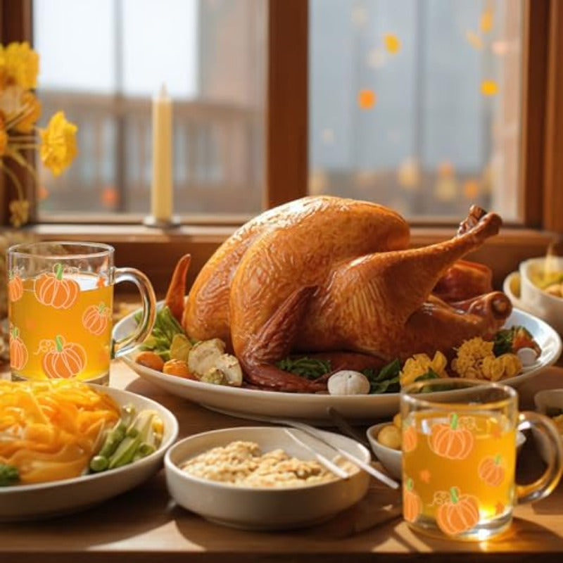 6 Pack 12 oz Fall Pumpkin Coffee Mugs Glass Cups Thanksgiving Gifts Bulk Clear Drinking Wine Glasses with Handle for Autumn Harvest Halloween Party plies Decorations